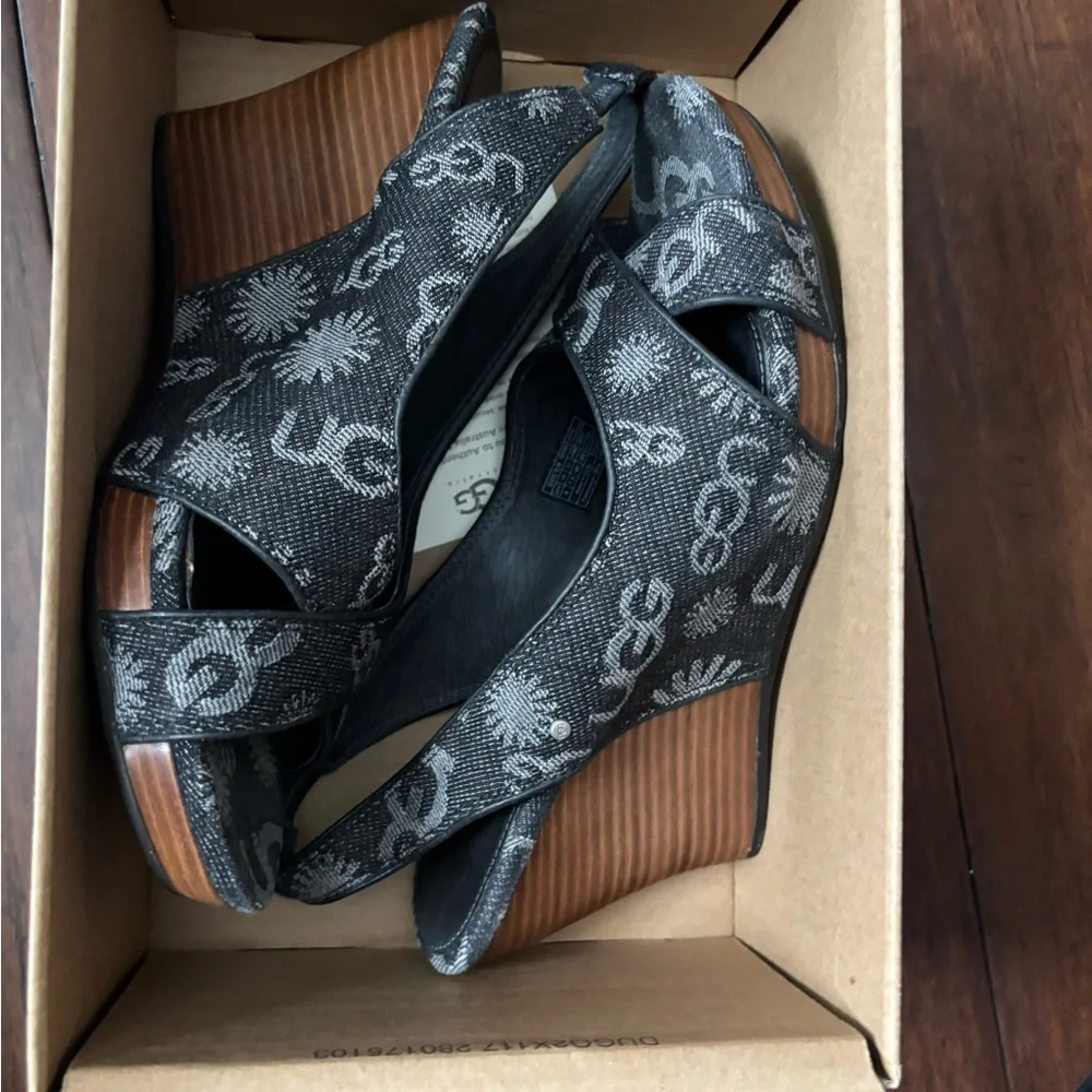 UGG Australia 1000581 Black 9 Hazel Denim Wedge Slingback Sandals Shoes #9